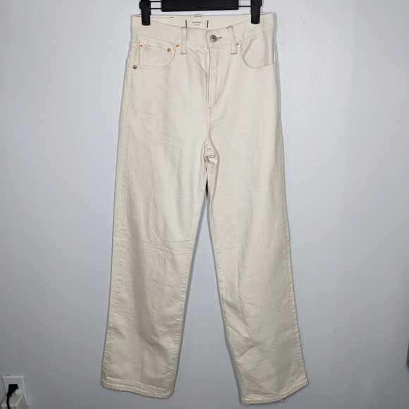 AE77 Jeans Womens 2 Beige Stovepipe Selvedge High Rise Wide Leg Organic Cotton - Picture 4 of 15